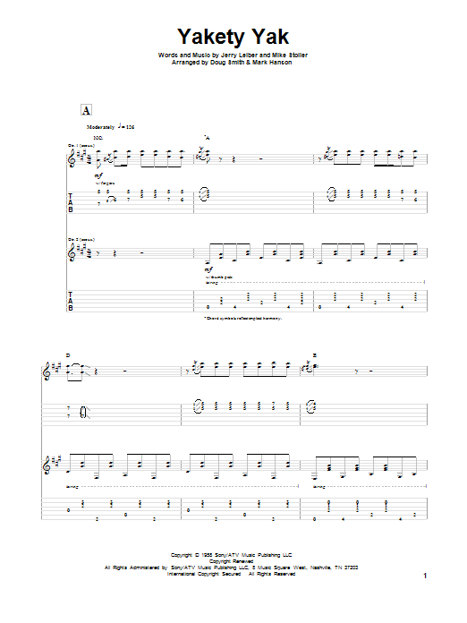 Leiber & Stoller Yakety Yak Sheet Music Notes & Chords for Guitar Tab - Download or Print PDF