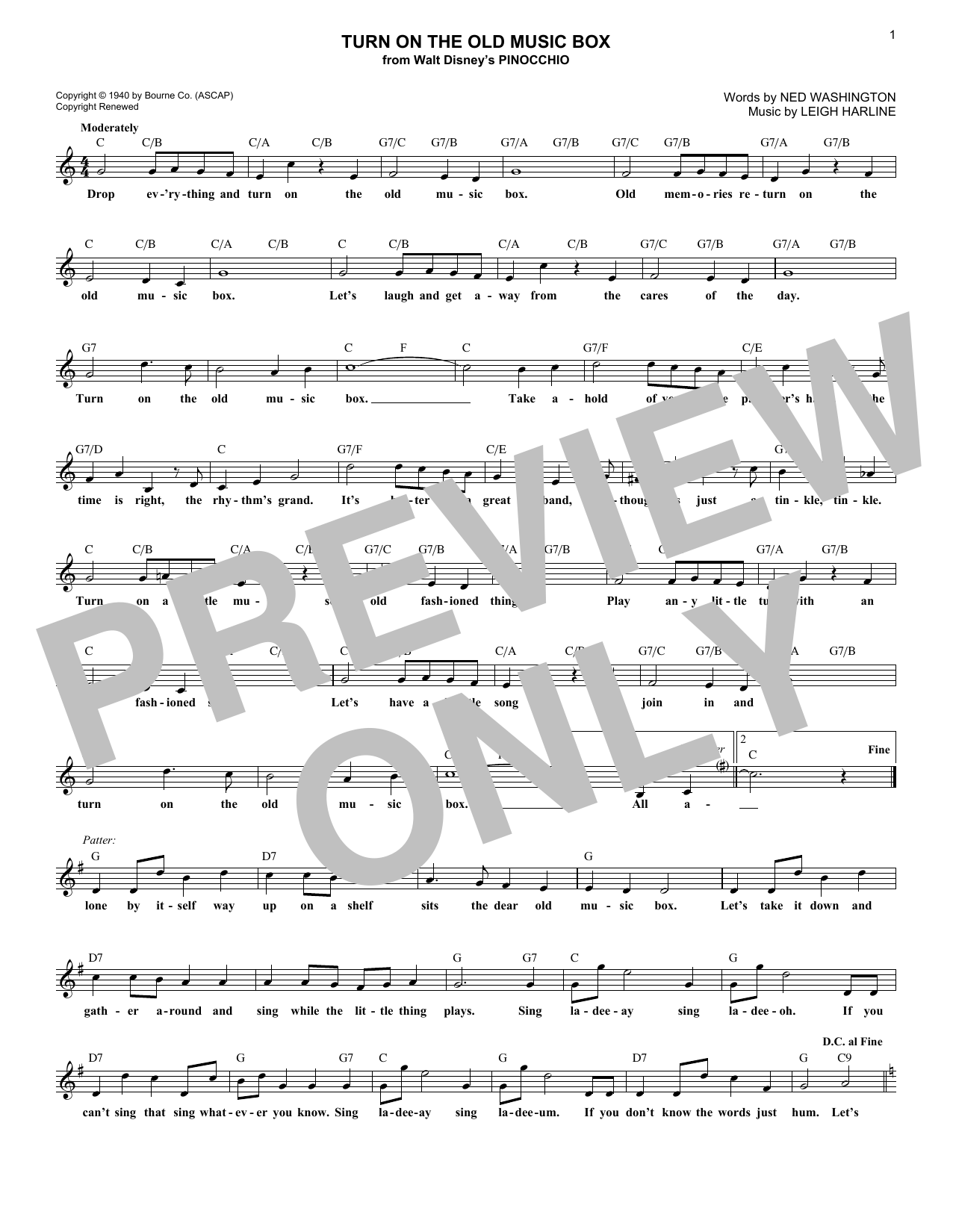 Leigh Harline Turn On The Old Music Box Sheet Music Notes & Chords for Melody Line, Lyrics & Chords - Download or Print PDF