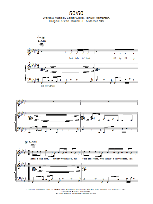 Lemar 50/50 Sheet Music Notes & Chords for Piano, Vocal & Guitar - Download or Print PDF