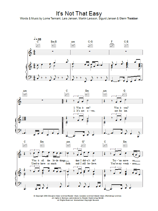 Lemar It's Not That Easy Sheet Music Notes & Chords for Piano, Vocal & Guitar (Right-Hand Melody) - Download or Print PDF