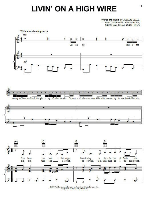 Lemonade Mouth (Movie) Livin' On A High Wire Sheet Music Notes & Chords for Piano, Vocal & Guitar (Right-Hand Melody) - Download or Print PDF