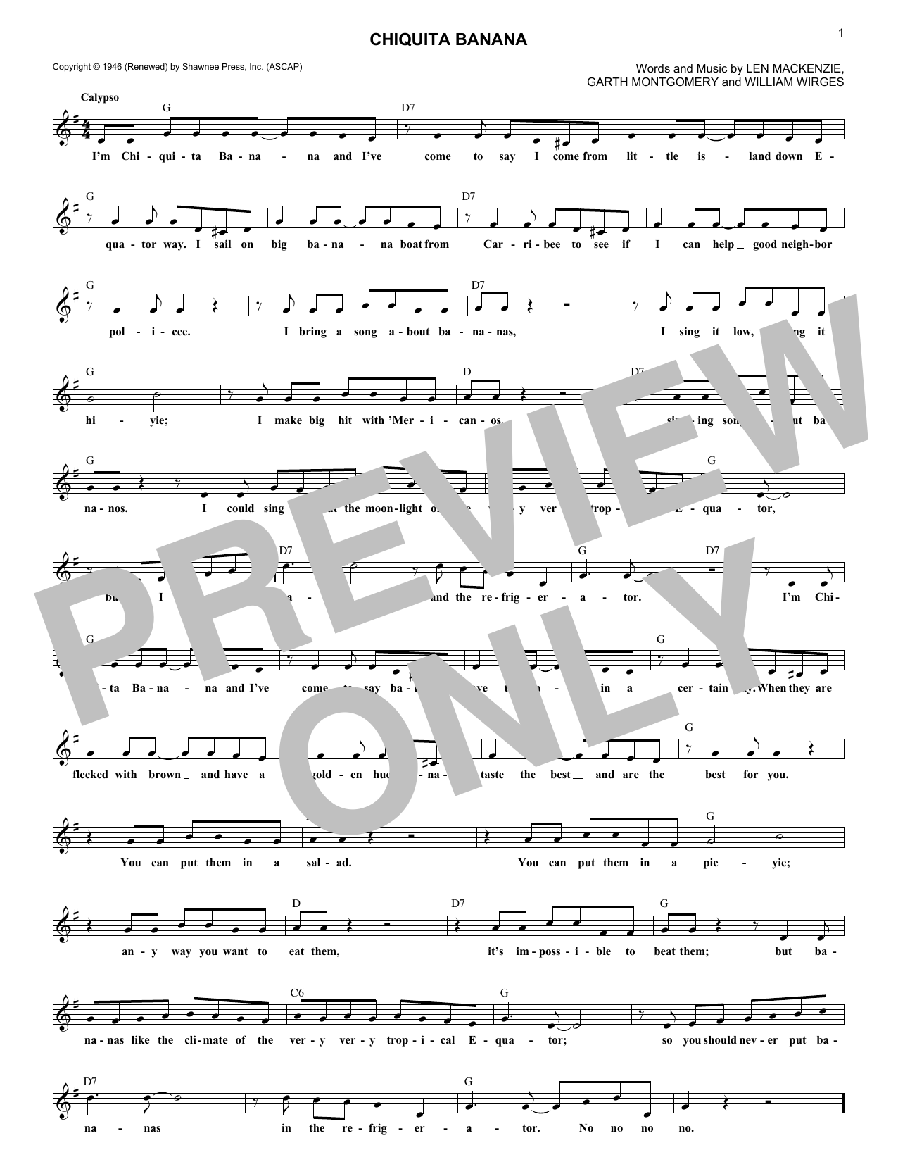 Len Mackenzie Chiquita Banana Sheet Music Notes & Chords for Melody Line, Lyrics & Chords - Download or Print PDF
