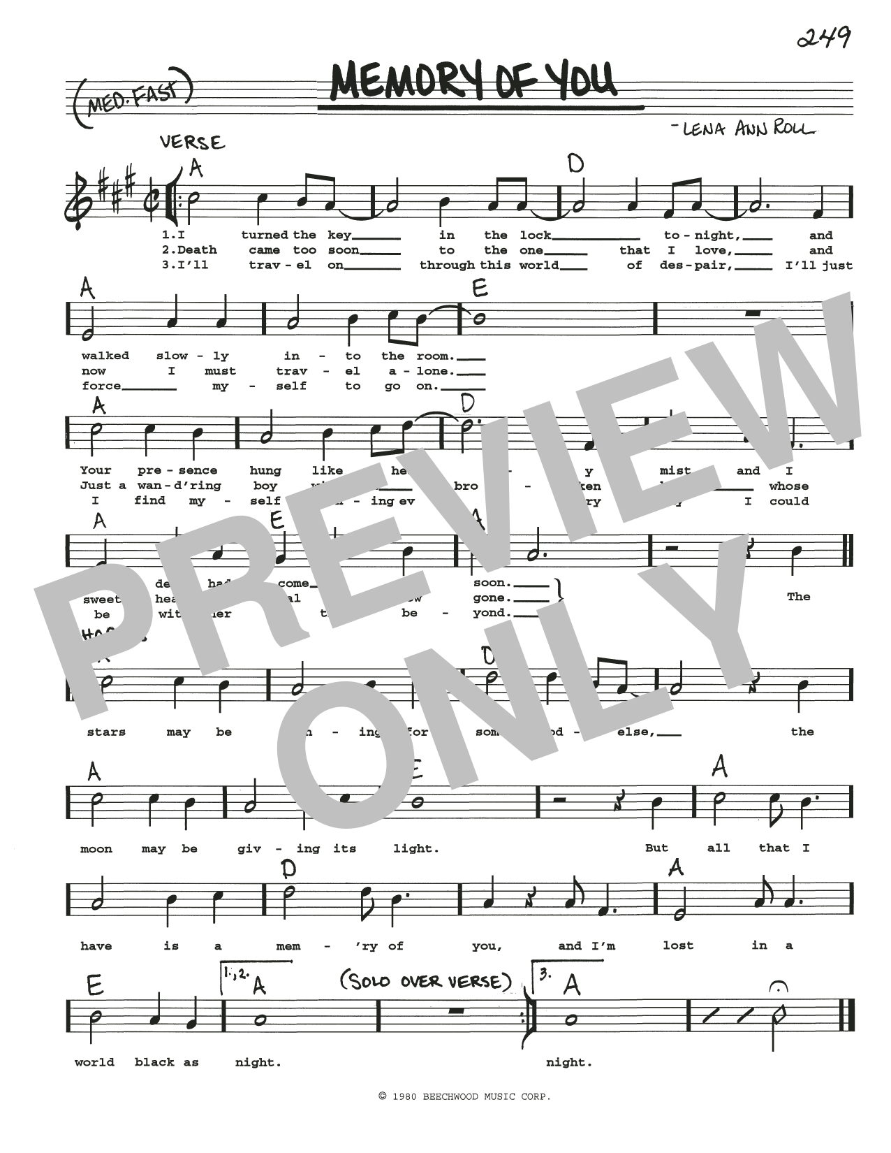 Lena Ann Roll Memory Of You Sheet Music Notes & Chords for Real Book – Melody, Lyrics & Chords - Download or Print PDF