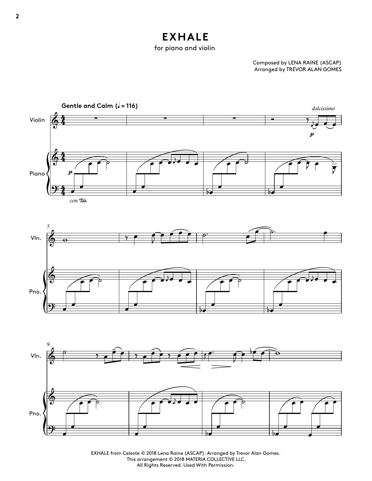 Lena Raine Exhale (from Celeste Piano Collections) (arr. Trevor Alan Gomes) Sheet Music Notes & Chords for Violin and Piano - Download or Print PDF