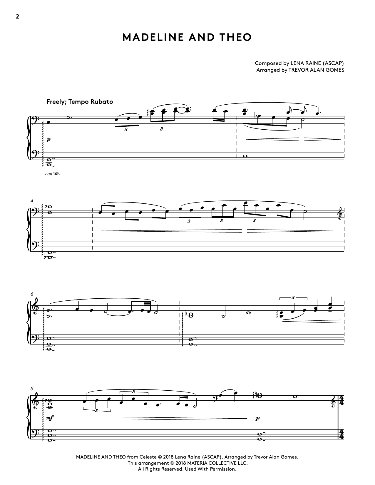 Lena Raine Madeline And Theo (from Celeste Piano Collections) (arr. Trevor Alan Gomes) Sheet Music Notes & Chords for Piano Solo - Download or Print PDF