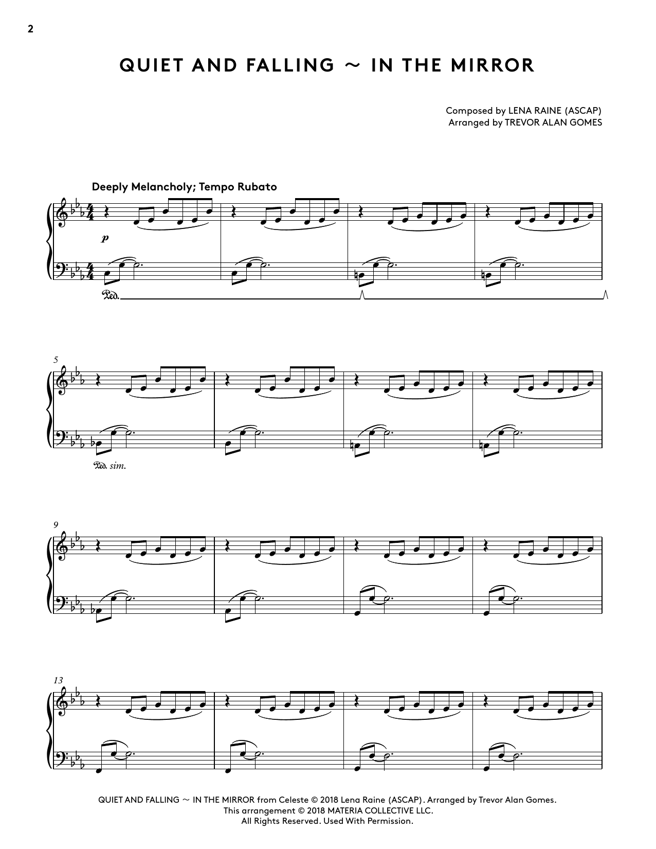 Lena Raine Quiet And Falling - In The Mirror (from Celeste Piano Collections) (arr. Trevor Alan Gomes) Sheet Music Notes & Chords for Piano Solo - Download or Print PDF
