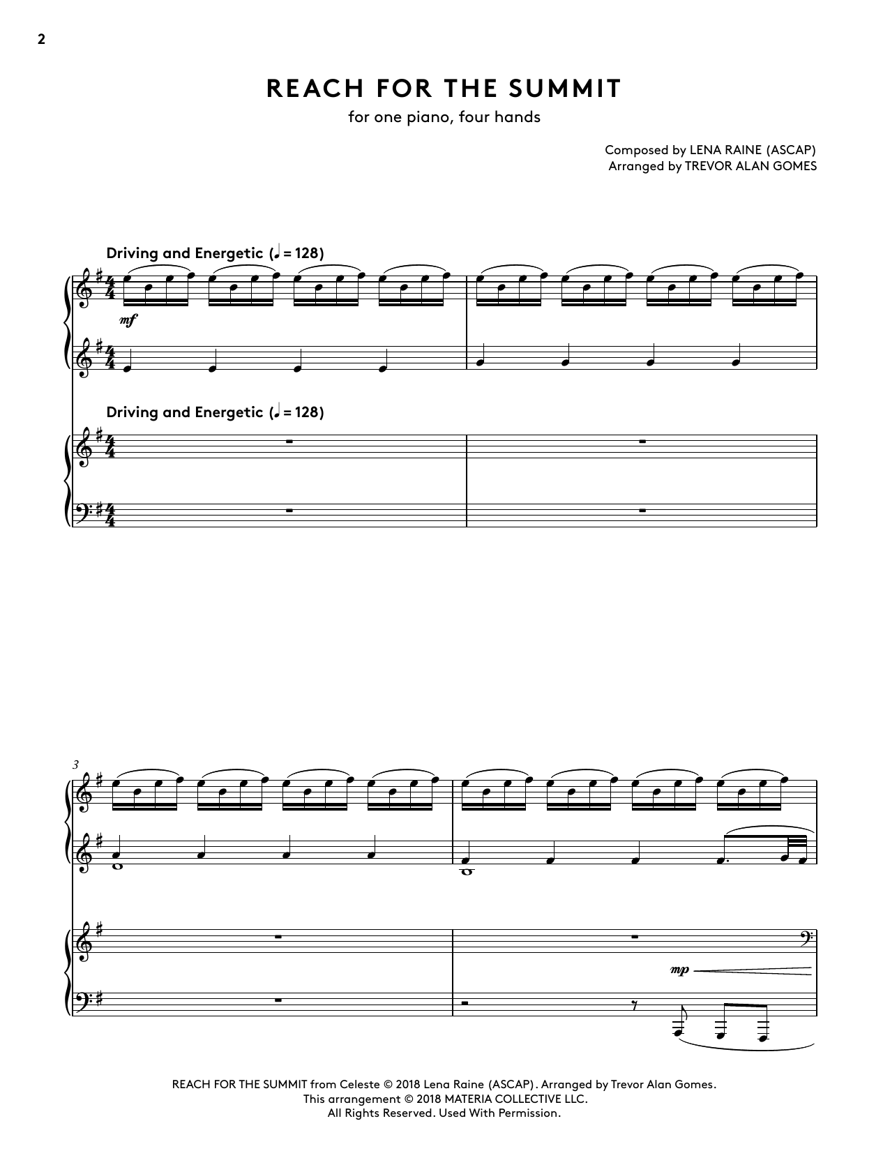 Lena Raine Reach For The Summit (from Celeste Piano Collections) (arr. Trevor Alan Gomes) Sheet Music Notes & Chords for Piano Duet - Download or Print PDF