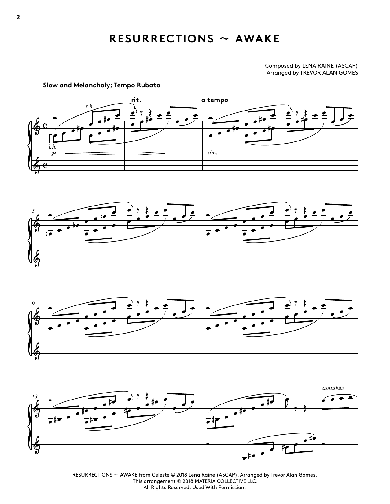 Lena Raine Resurrections - Awake (from Celeste Piano Collections) (arr. Trevor Alan Gomes) Sheet Music Notes & Chords for Piano Solo - Download or Print PDF