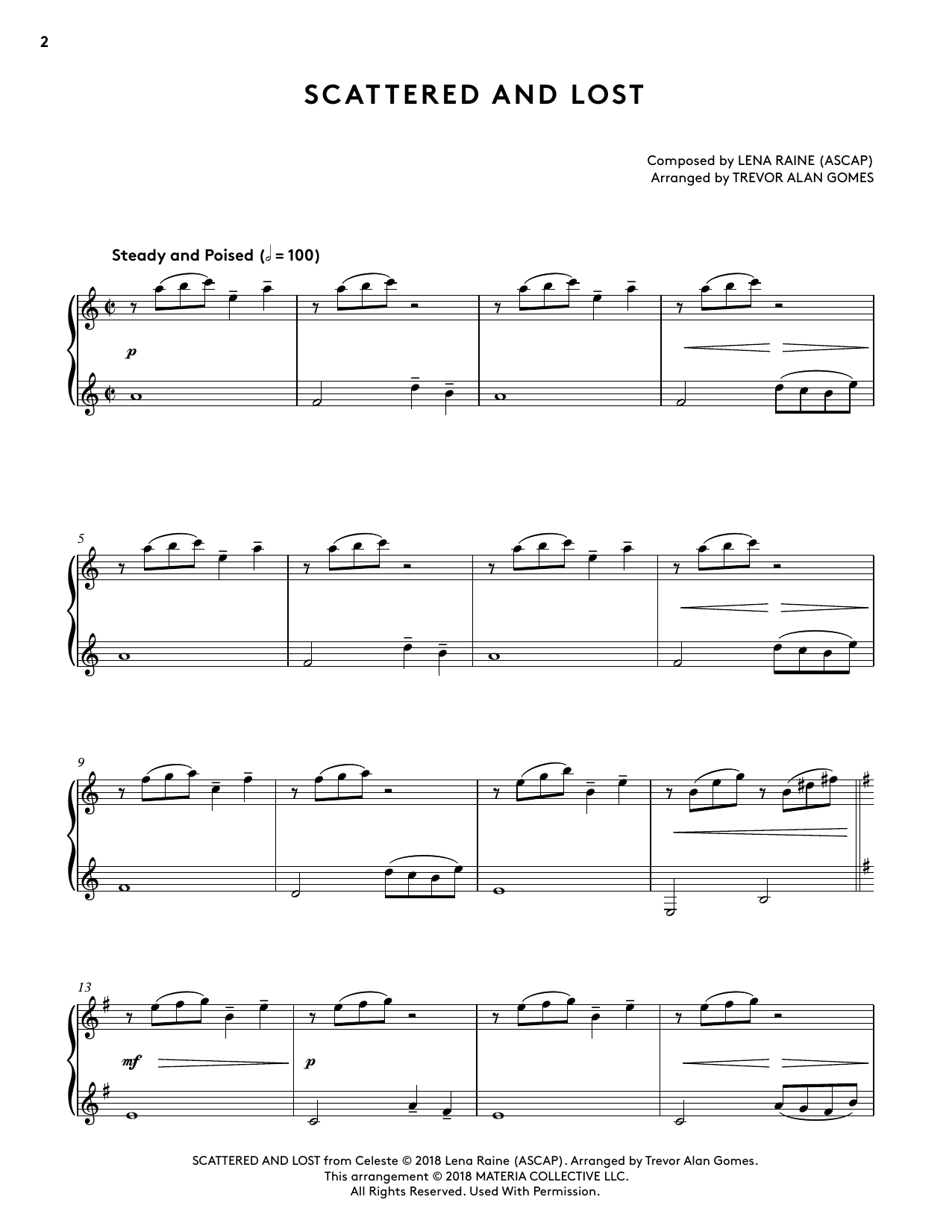 Lena Raine Scattered And Lost (from Celeste Piano Collections) (arr. Trevor Alan Gomes) Sheet Music Notes & Chords for Piano Solo - Download or Print PDF