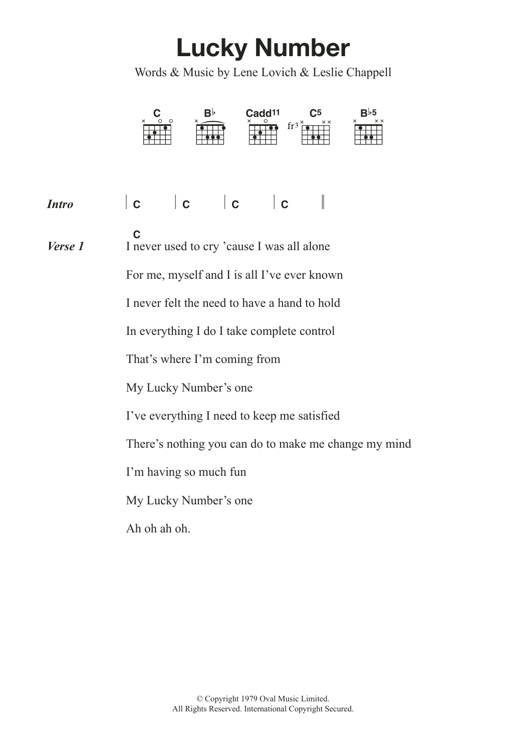 Lene Lovich Lucky Number Sheet Music Notes & Chords for Lyrics & Chords - Download or Print PDF