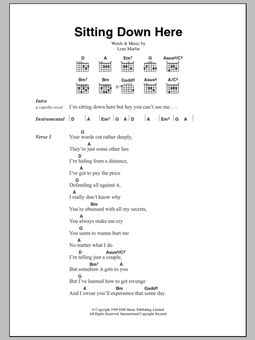 Lene Marlin Sitting Down Here Sheet Music Notes & Chords for Lyrics & Chords - Download or Print PDF