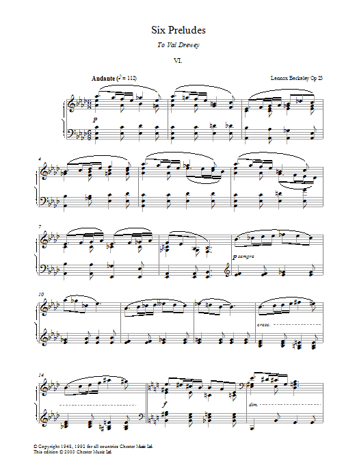 Lennox Berkeley Prelude No. 6 (from Six Preludes) Sheet Music Notes & Chords for Piano - Download or Print PDF