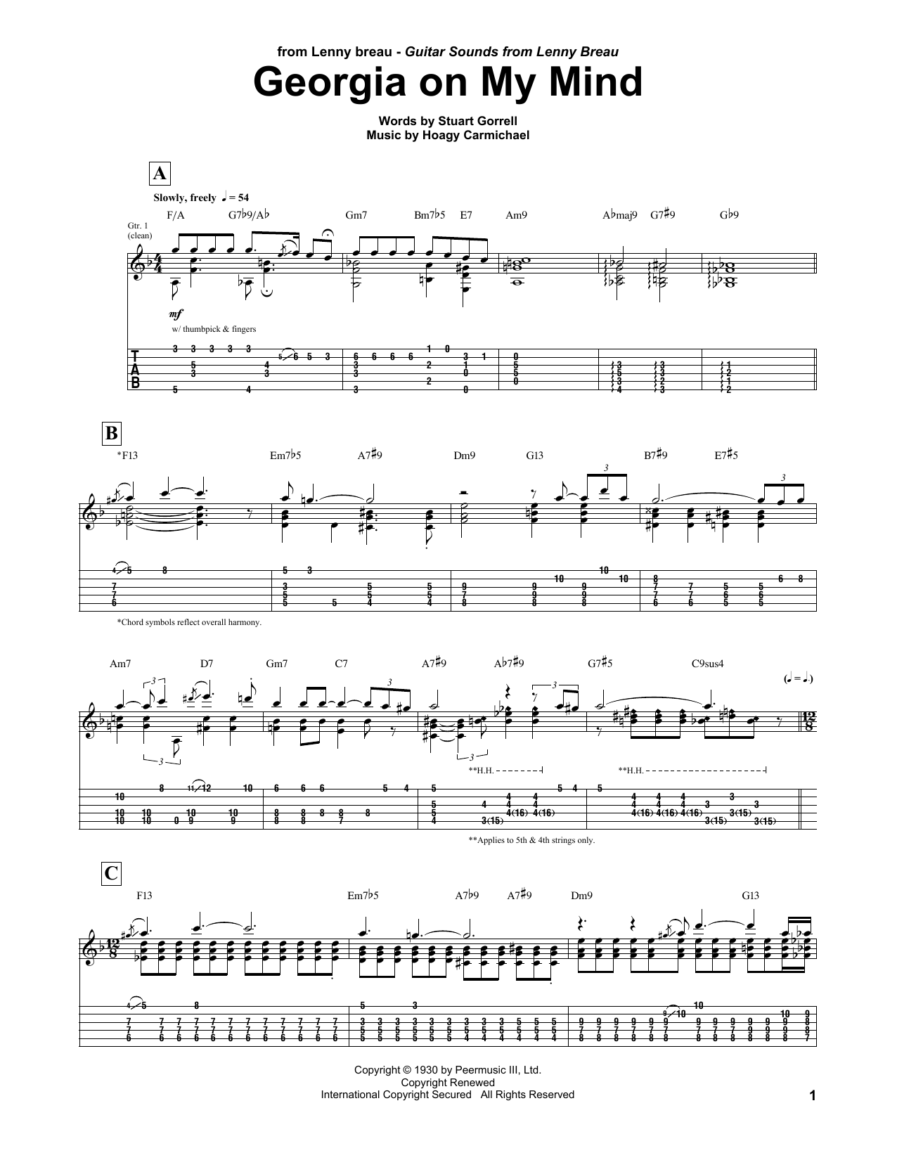Lenny Breau Georgia On My Mind Sheet Music Notes & Chords for Guitar Tab - Download or Print PDF