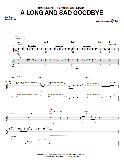 Lenny Kravitz A Long And Sad Goodbye Sheet Music Notes & Chords for Guitar Tab - Download or Print PDF