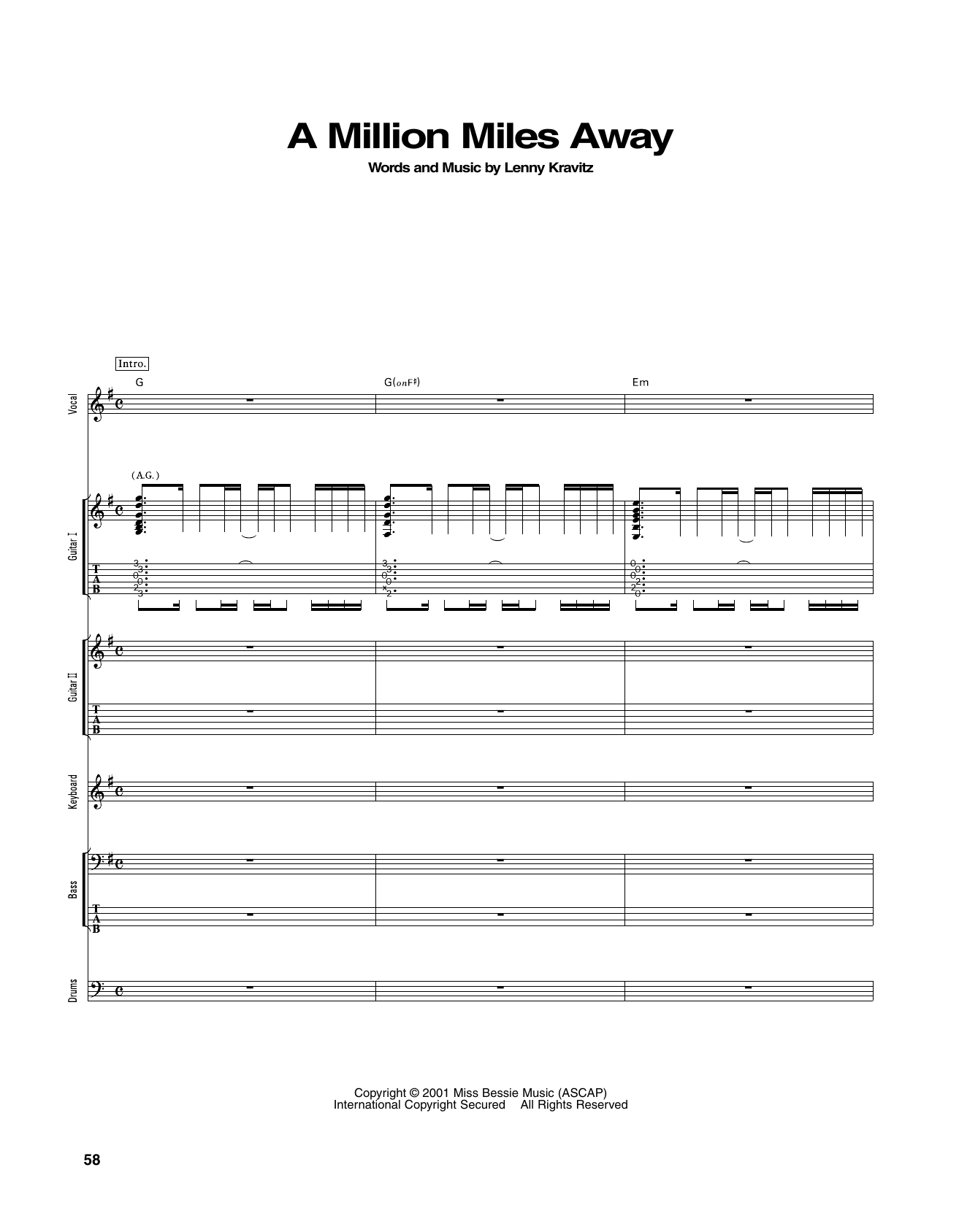 Lenny Kravitz A Million Miles Away Sheet Music Notes & Chords for Transcribed Score - Download or Print PDF