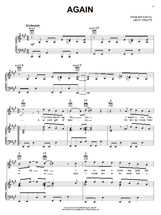 Lenny Kravitz Again Sheet Music Notes & Chords for Easy Guitar Tab - Download or Print PDF