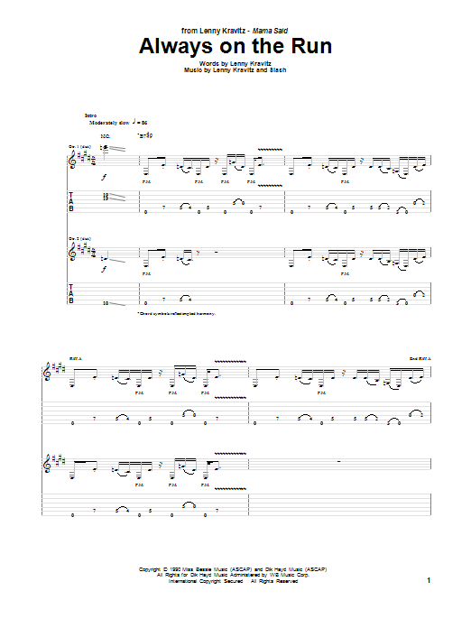 Lenny Kravitz Always On The Run Sheet Music Notes & Chords for Guitar Tab - Download or Print PDF