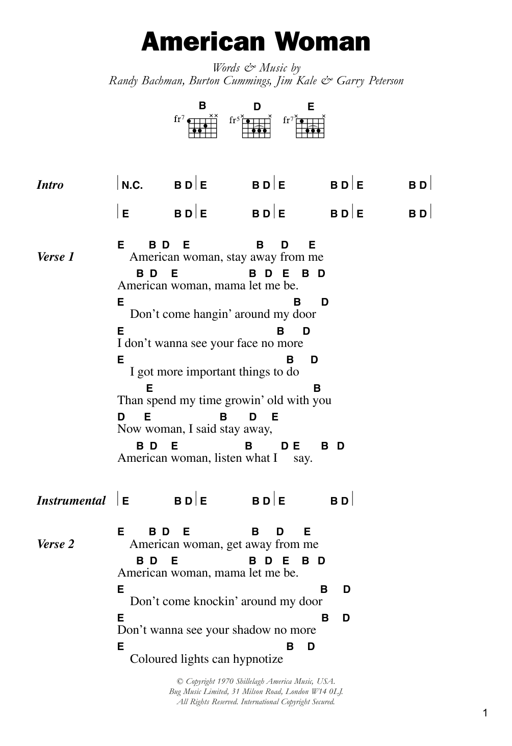 Lenny Kravitz American Woman Sheet Music Notes & Chords for Lyrics & Chords - Download or Print PDF