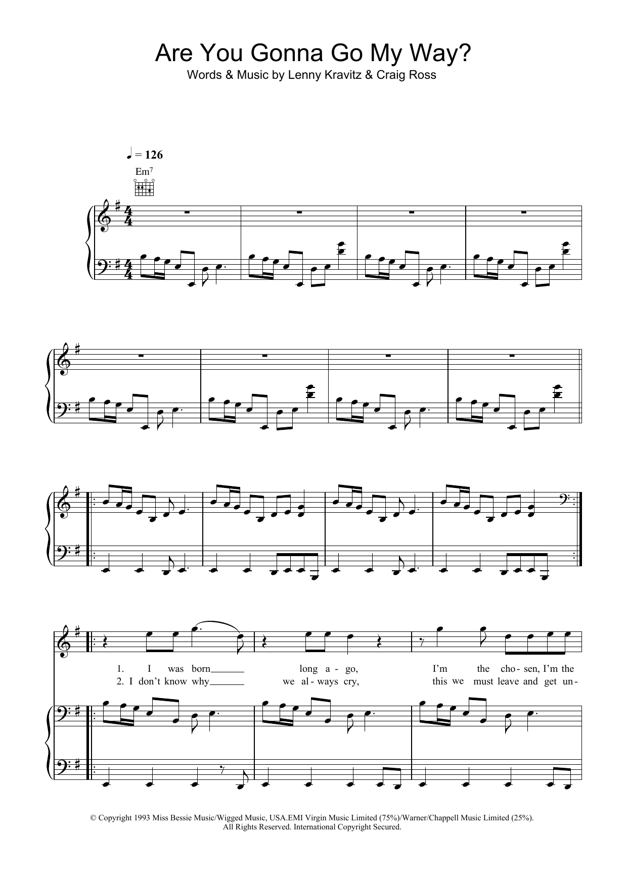 Lenny Kravitz Are You Gonna Go My Way? Sheet Music Notes & Chords for Piano, Vocal & Guitar - Download or Print PDF