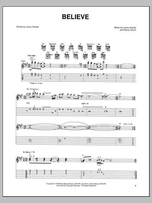 Lenny Kravitz Believe Sheet Music Notes & Chords for Guitar Tab - Download or Print PDF