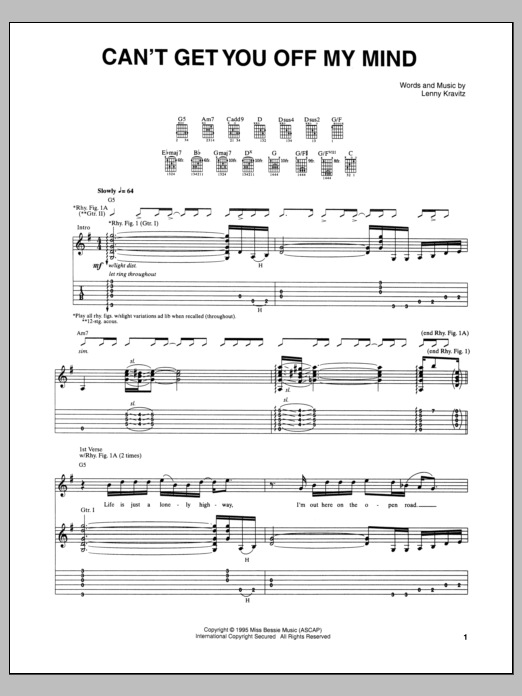 Lenny Kravitz Can't Get You Off My Mind Sheet Music Notes & Chords for Guitar Tab - Download or Print PDF