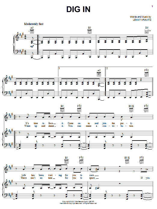 Lenny Kravitz Dig In Sheet Music Notes & Chords for Piano, Vocal & Guitar (Right-Hand Melody) - Download or Print PDF Lenny Kravitz Dig In Sheet Music Notes & Chords for Piano, Vocal & Guitar (Right-Hand Melody) - Download or Print PDF
