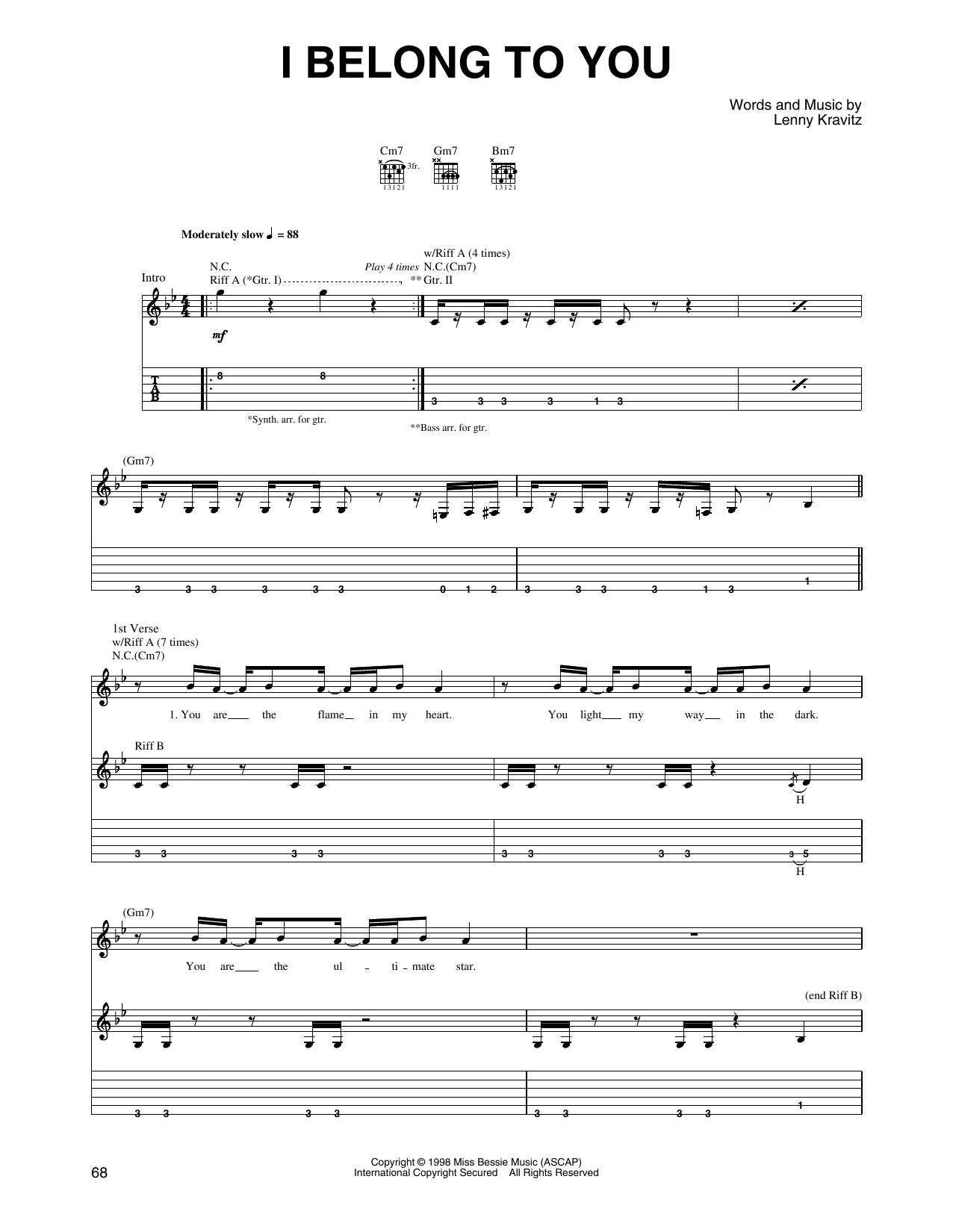 Lenny Kravitz I Belong To You Sheet Music Notes & Chords for Guitar Tab - Download or Print PDF