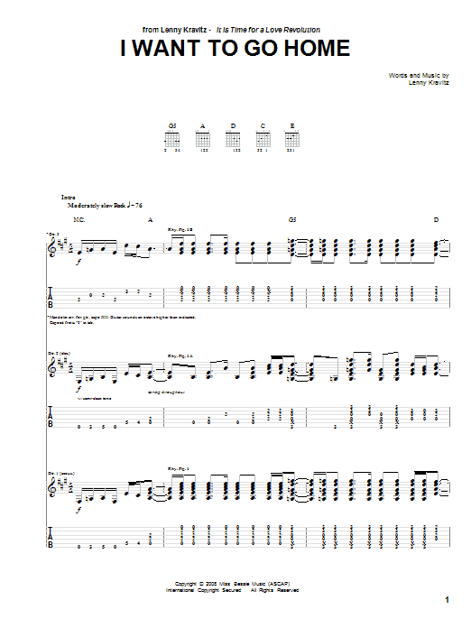 Lenny Kravitz I Want To Go Home Sheet Music Notes & Chords for Guitar Tab - Download or Print PDF