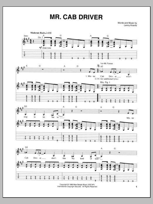 Lenny Kravitz Mr. Cab Driver Sheet Music Notes & Chords for Guitar Tab - Download or Print PDF