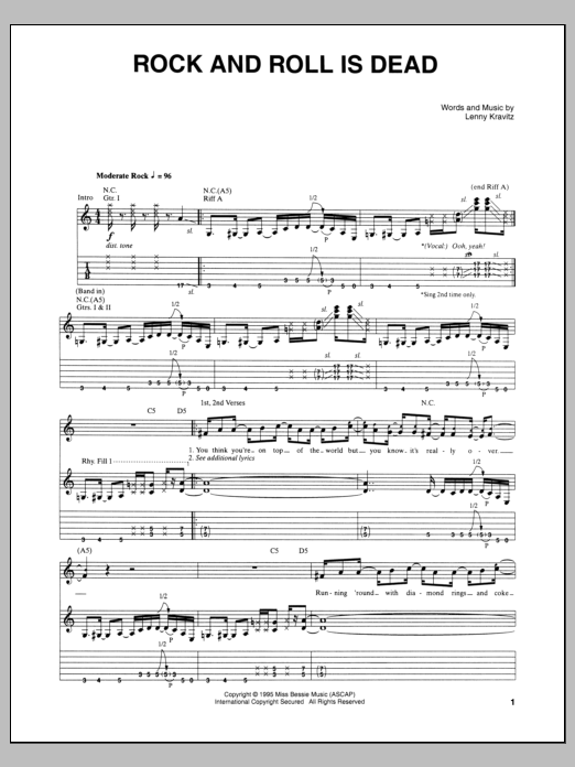 Lenny Kravitz Rock And Roll Is Dead Sheet Music Notes & Chords for Guitar Tab - Download or Print PDF