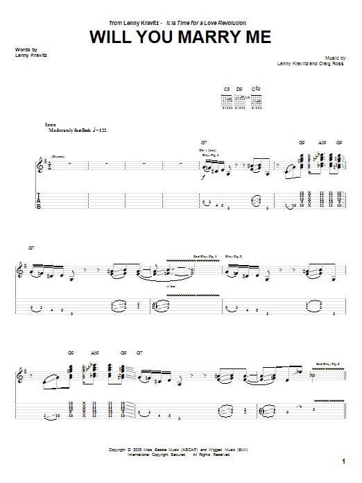 Lenny Kravitz Will You Marry Me Sheet Music Notes & Chords for Guitar Tab - Download or Print PDF