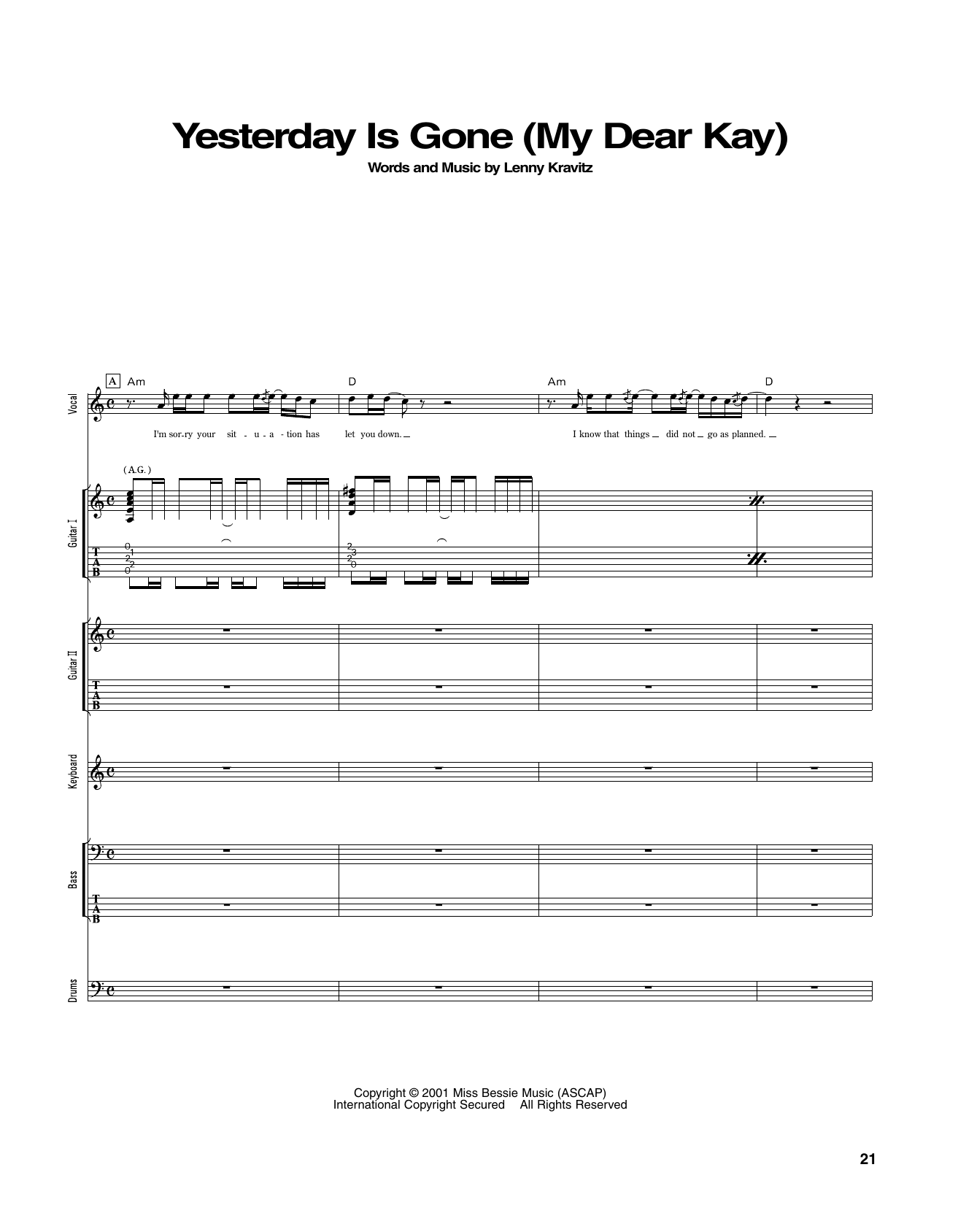 Lenny Kravitz Yesterday Is Gone (My Dear Kay) Sheet Music Notes & Chords for Transcribed Score - Download or Print PDF