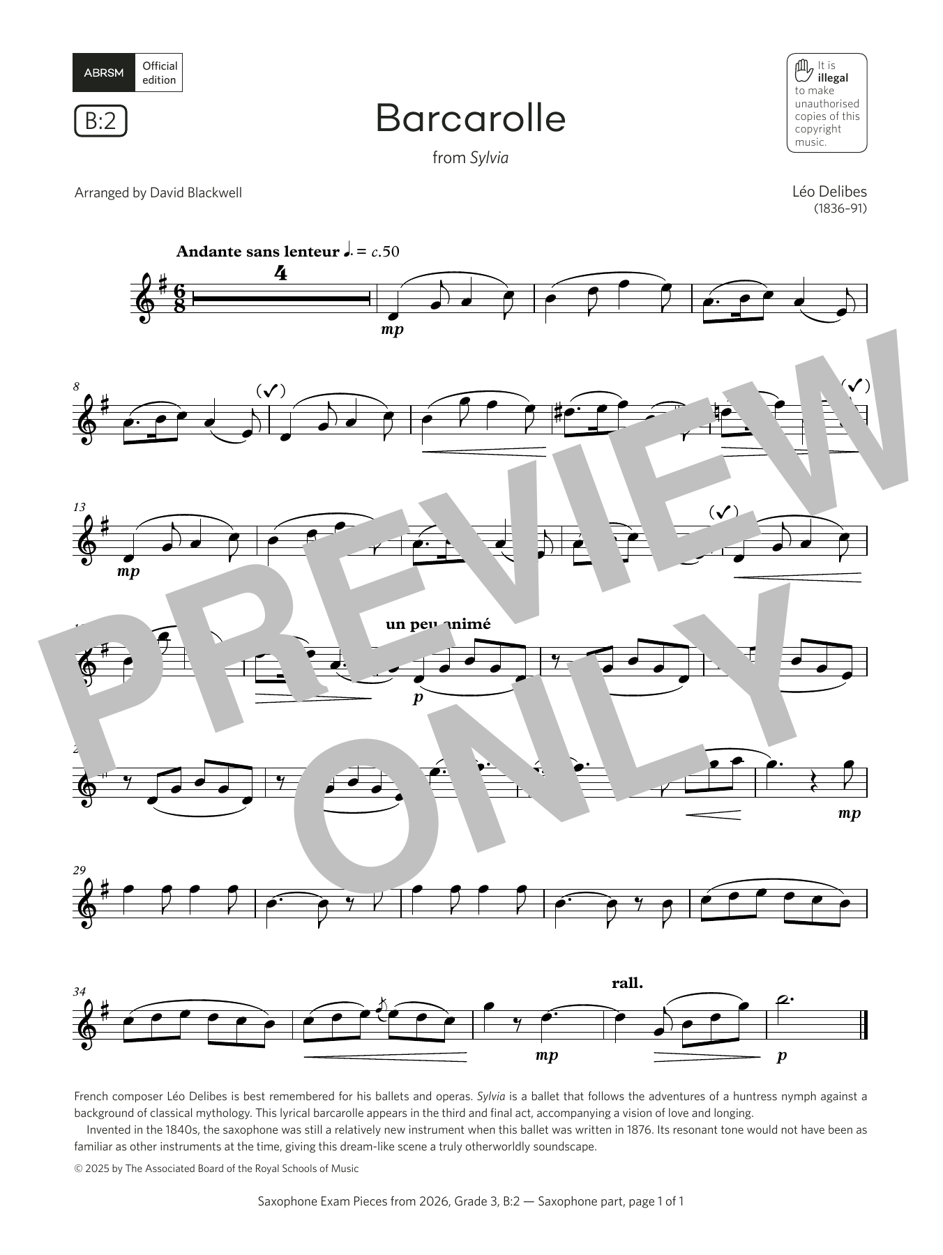 Léo Delibes Barcarolle (Grade 3, list B2, from the ABRSM Saxophone Syllabus from 2026) Sheet Music Notes & Chords for Alto Sax Solo - Download or Print PDF