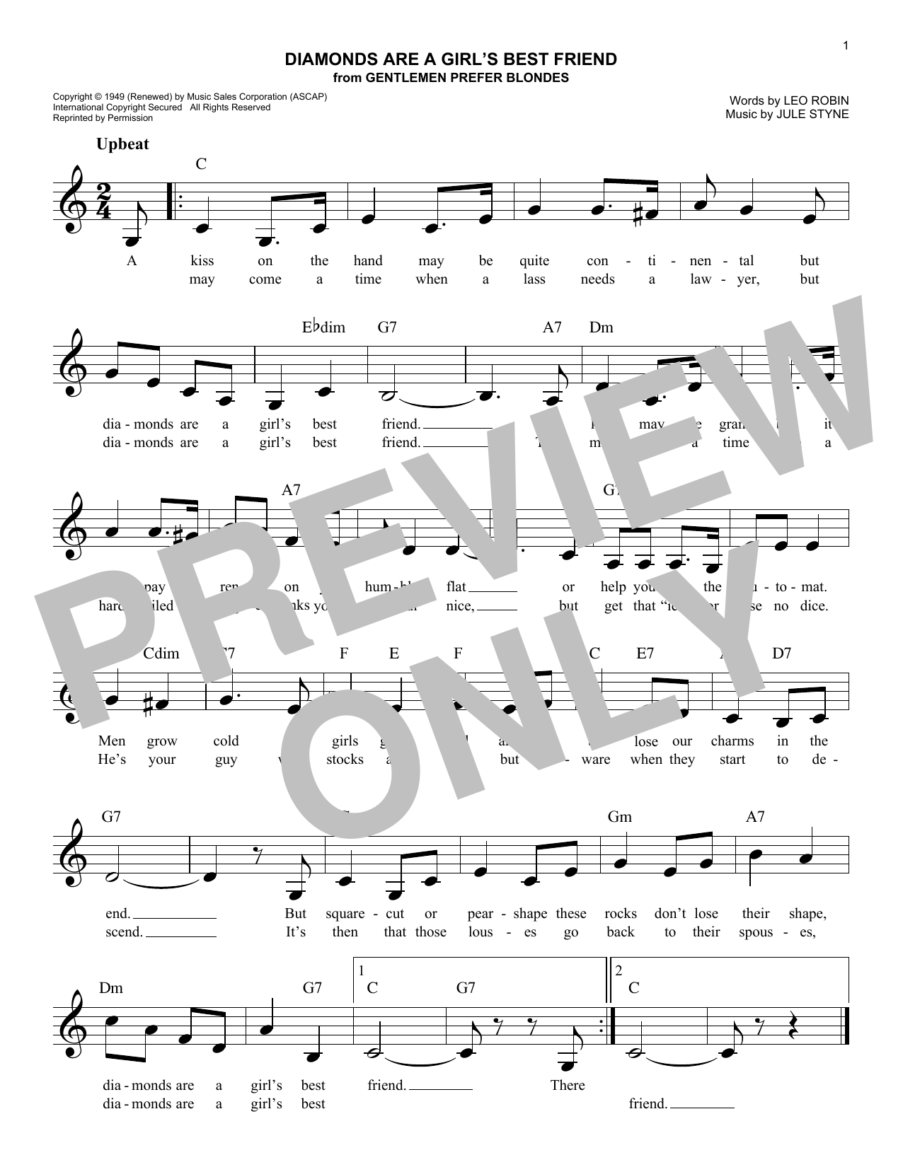 Leo Robin Diamonds Are A Girl's Best Friend Sheet Music Notes & Chords for Melody Line, Lyrics & Chords - Download or Print PDF