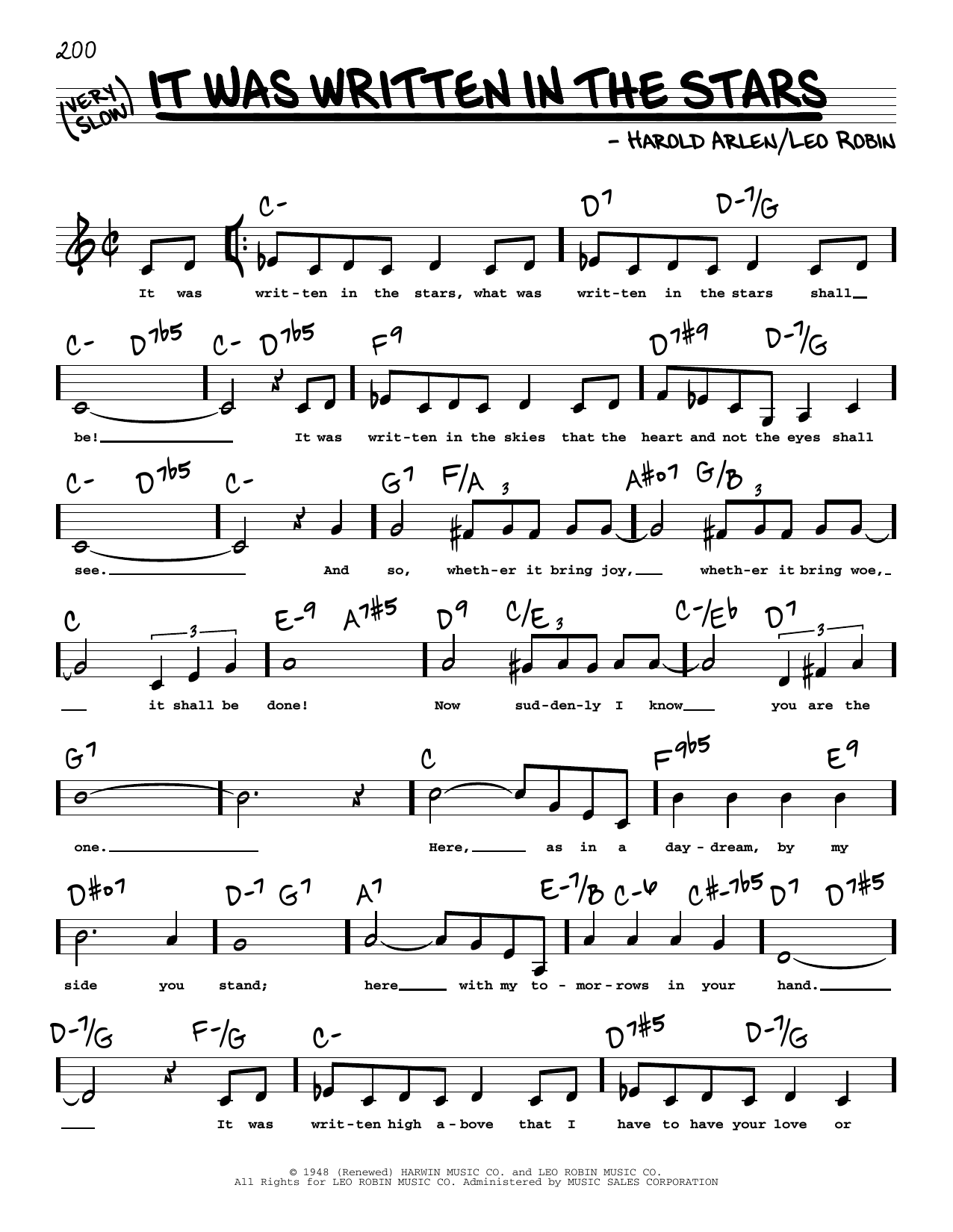 Leo Robin It Was Written In The Stars (Low Voice) Sheet Music Notes & Chords for Real Book – Melody, Lyrics & Chords - Download or Print PDF