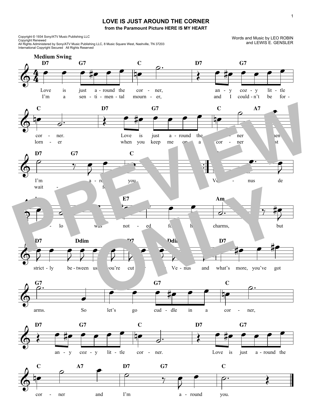 Leo Robin Love Is Just Around The Corner Sheet Music Notes & Chords for Melody Line, Lyrics & Chords - Download or Print PDF