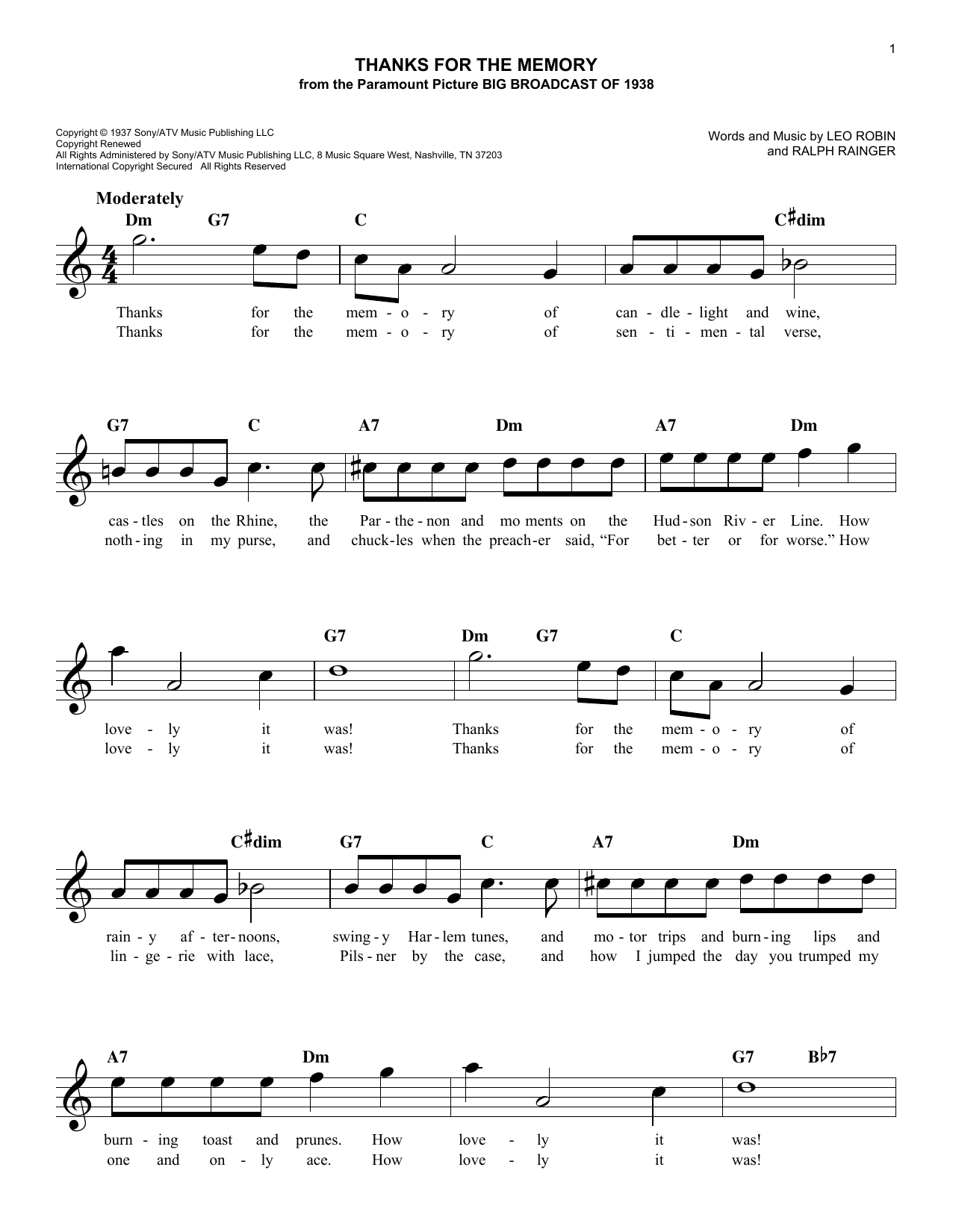 Leo Robin Thanks For The Memory Sheet Music Notes & Chords for Ukulele - Download or Print PDF