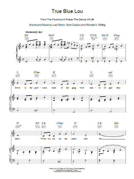 Leo Robin True Blue Lou Sheet Music Notes & Chords for Piano, Vocal & Guitar (Right-Hand Melody) - Download or Print PDF