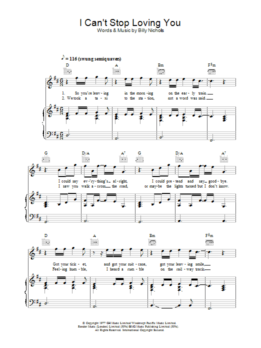 Leo Sayer I Can't Stop Loving You Sheet Music Notes & Chords for Piano, Vocal & Guitar (Right-Hand Melody) - Download or Print PDF