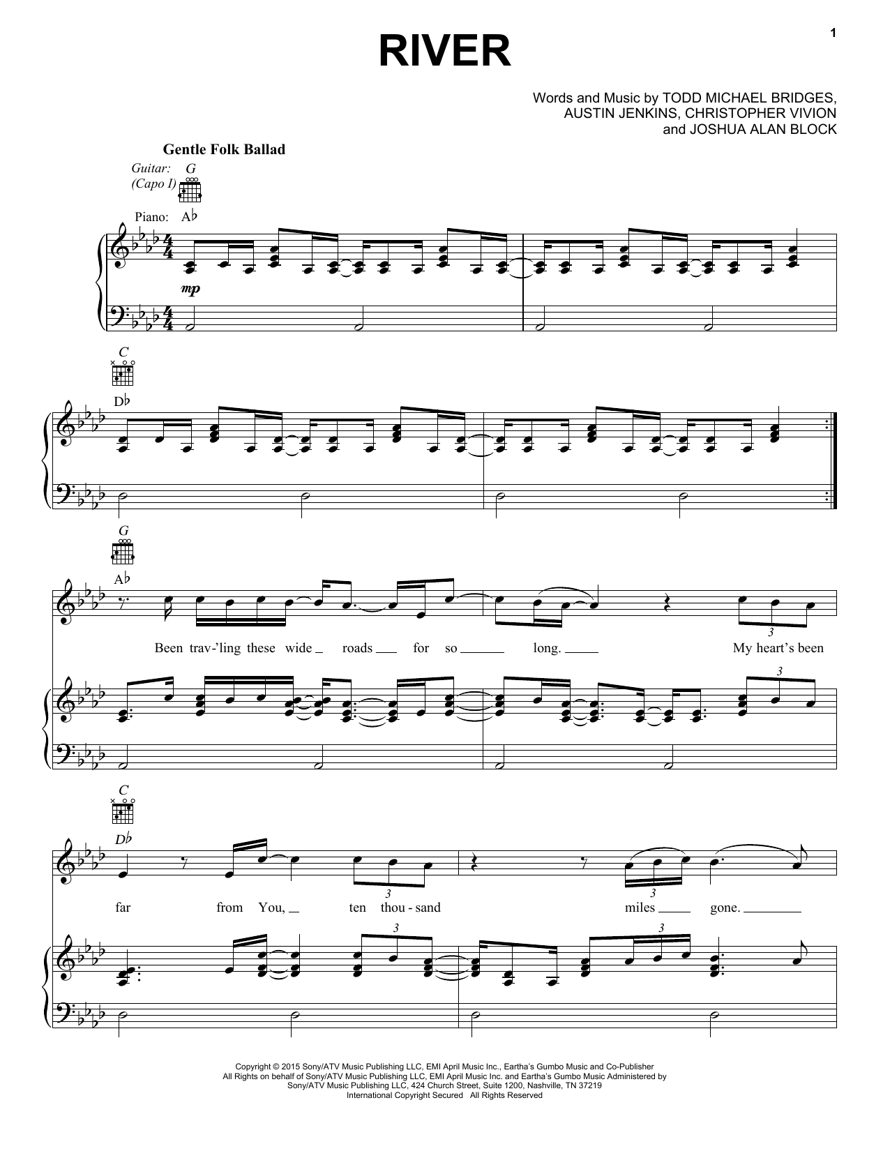 Leon Bridges River Sheet Music Notes & Chords for Piano, Vocal & Guitar (Right-Hand Melody) - Download or Print PDF