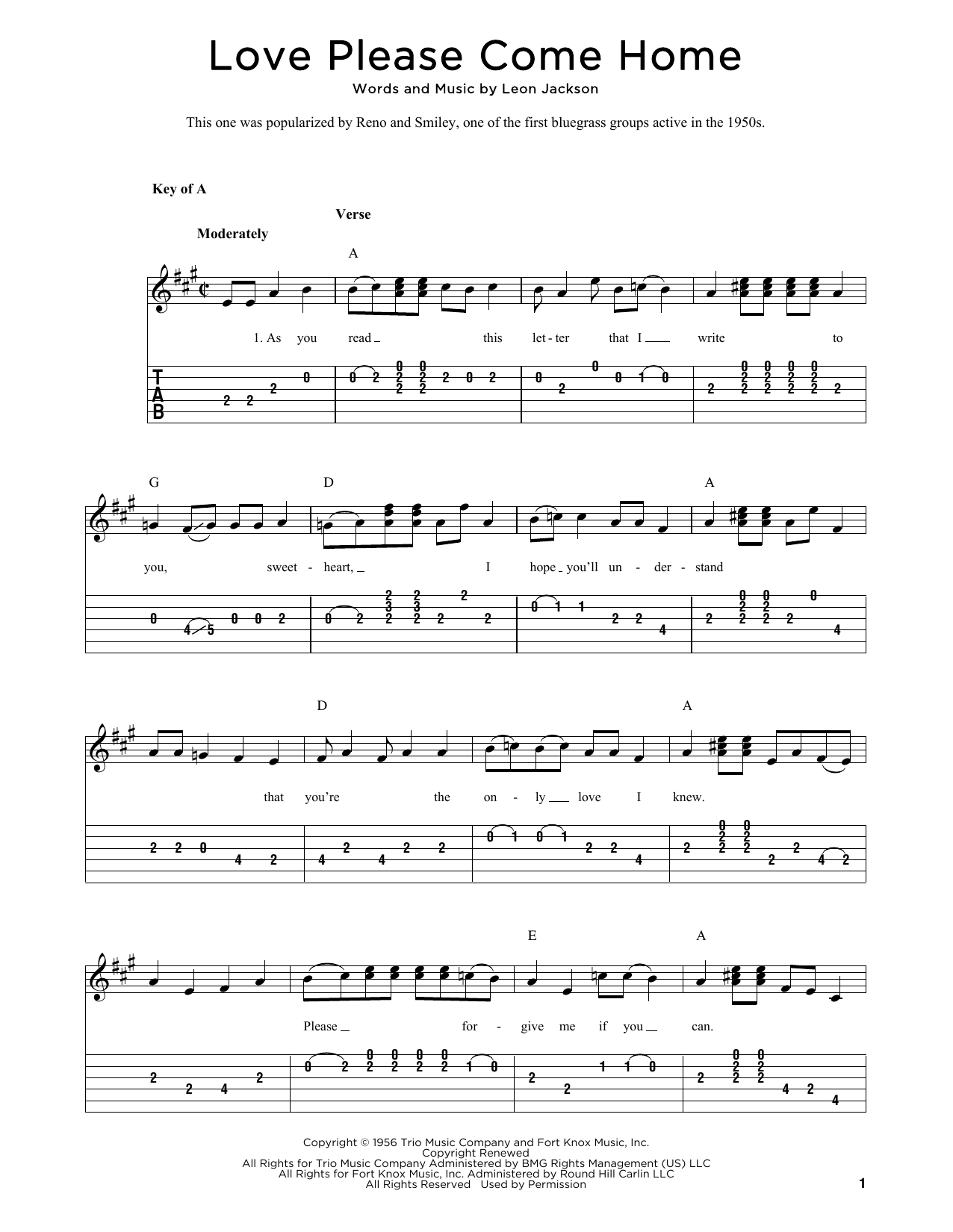 Leon Jackson Love Please Come Home (arr. Fred Sokolow) Sheet Music Notes & Chords for Solo Guitar Tab - Download or Print PDF