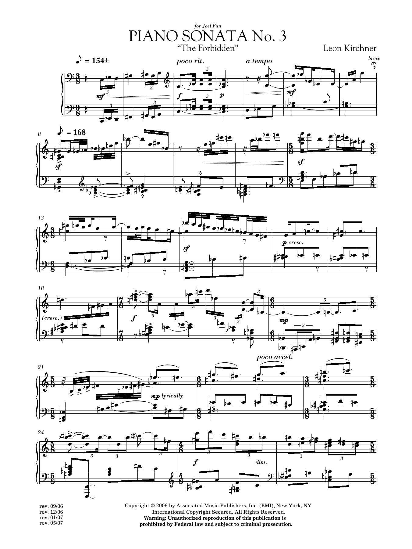 Leon Kirchner Piano Sonata No. 3 (The Forbidden) Sheet Music Notes & Chords for Piano - Download or Print PDF