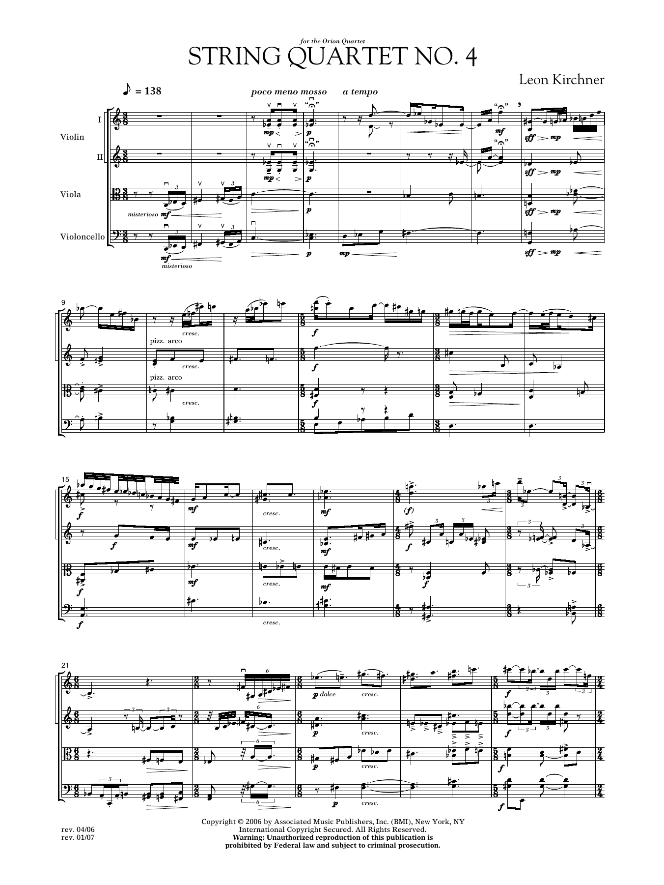 Leon Kirchner String Quartet No. 4 Sheet Music Notes & Chords for Chamber Group - Download or Print PDF