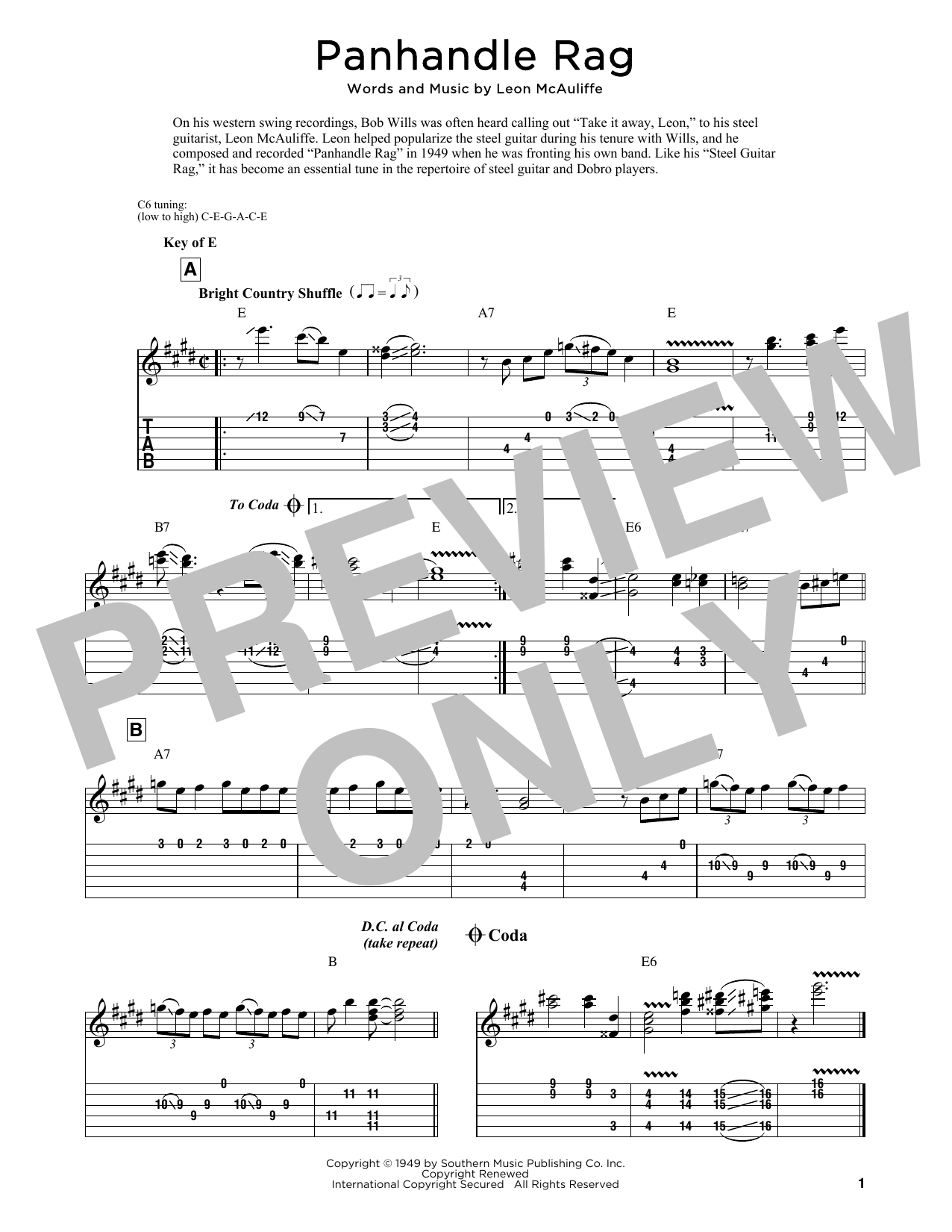Leon McAuliffe Panhandle Rag Sheet Music Notes & Chords for Dobro - Download or Print PDF