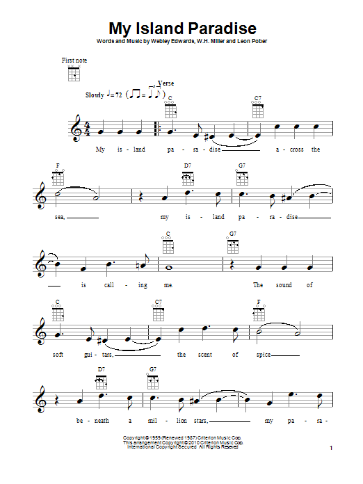 Leon Pober My Island Paradise Sheet Music Notes & Chords for Piano, Vocal & Guitar (Right-Hand Melody) - Download or Print PDF