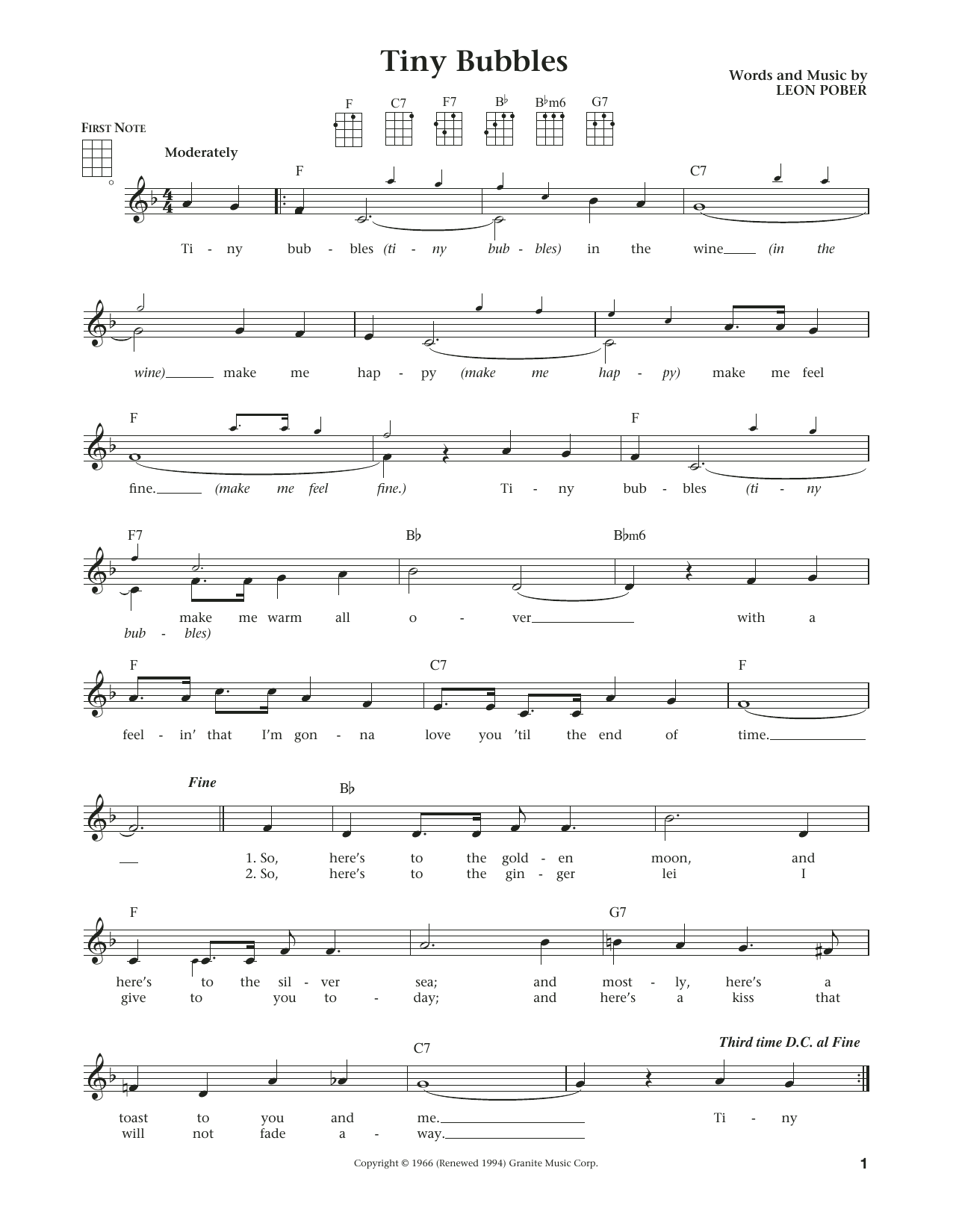 Leon Pober Tiny Bubbles (from The Daily Ukulele) (arr. Liz and Jim Beloff) Sheet Music Notes & Chords for Ukulele - Download or Print PDF