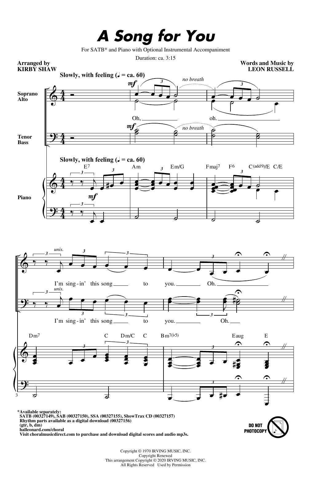 Leon Russell A Song For You (arr. Kirby Shaw) Sheet Music Notes & Chords for SAB Choir - Download or Print PDF