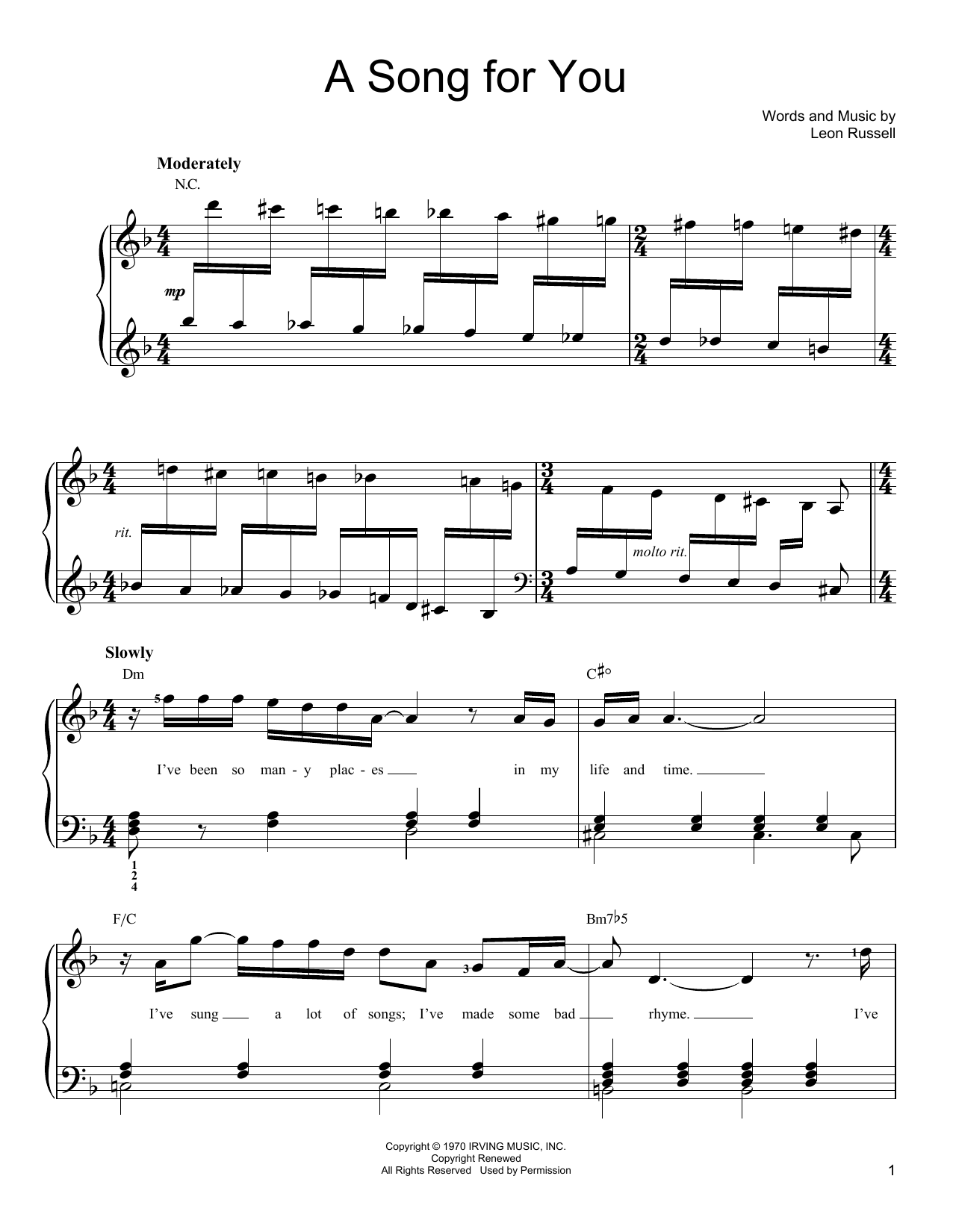 Leon Russell A Song For You Sheet Music Notes & Chords for Easy Piano - Download or Print PDF