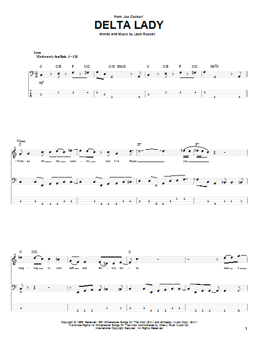 Leon Russell Delta Lady Sheet Music Notes & Chords for Bass Guitar Tab - Download or Print PDF