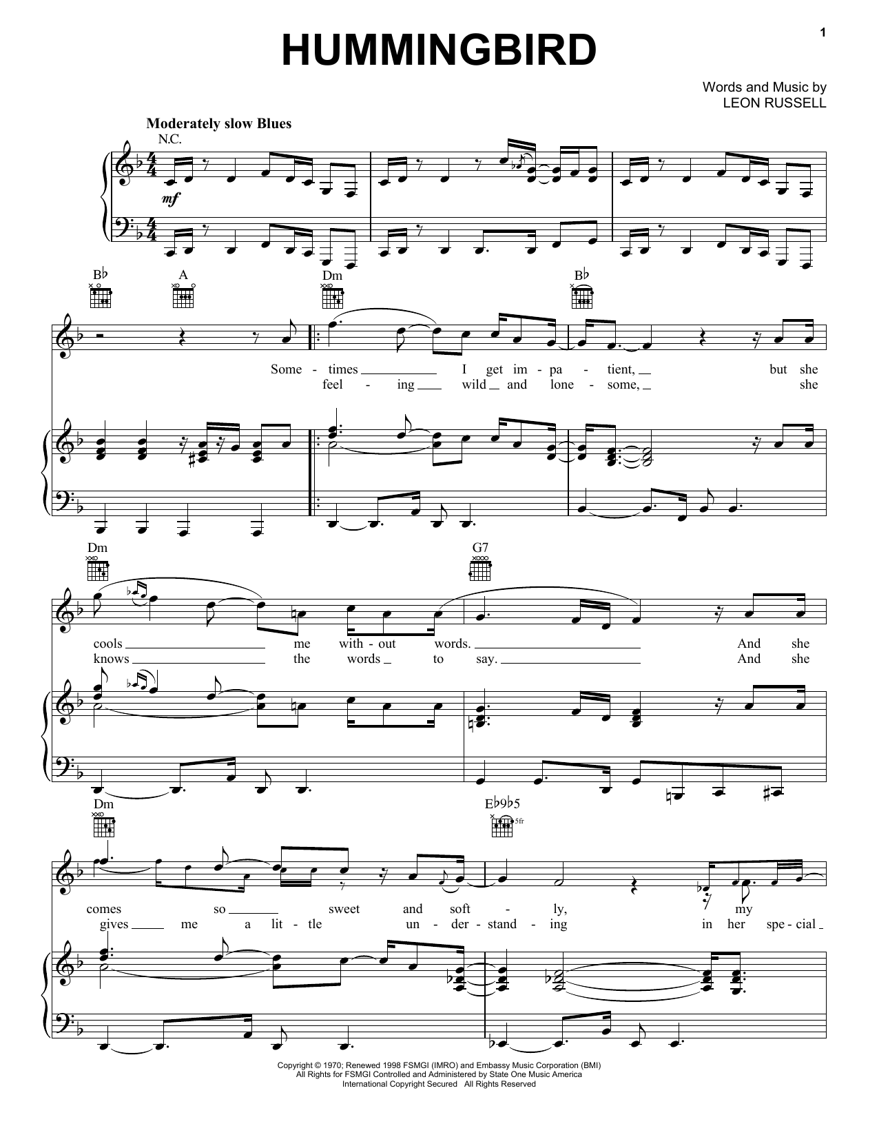 Leon Russell Hummingbird Sheet Music Notes & Chords for Piano, Vocal & Guitar (Right-Hand Melody) - Download or Print PDF